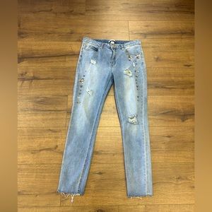 REVAMPED DISTRESSED RHINSTONED BEADED HIGH RISE STRETCHY CROPPED JEANS
